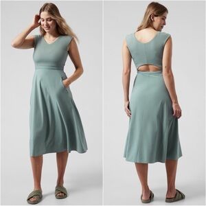 Athleta Ryder Dress Midi Cut Out Back Sleeveless V-neck Petite Green Blue MP